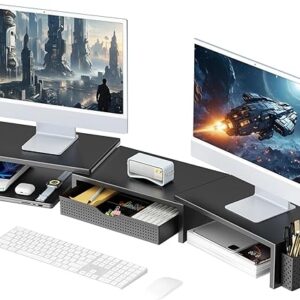 Dual Monitor Stand Riser, Desk Organizer With Drawer and 2 Pen Holders